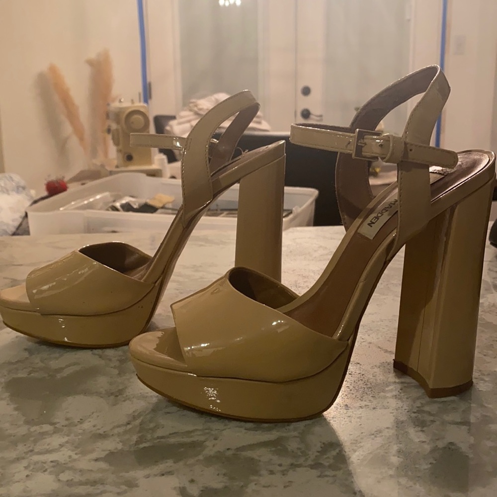 Chunky tan platform heels